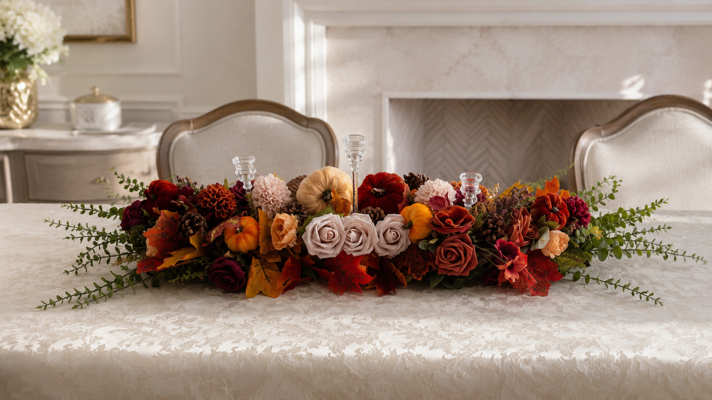 Centrotavola Autunnale Elegante con Zucche, Fiori e Portacandele