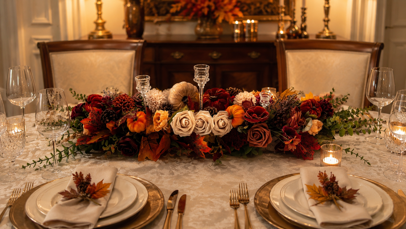 Centrotavola Autunnale Elegante con Zucche, Fiori e Portacandele