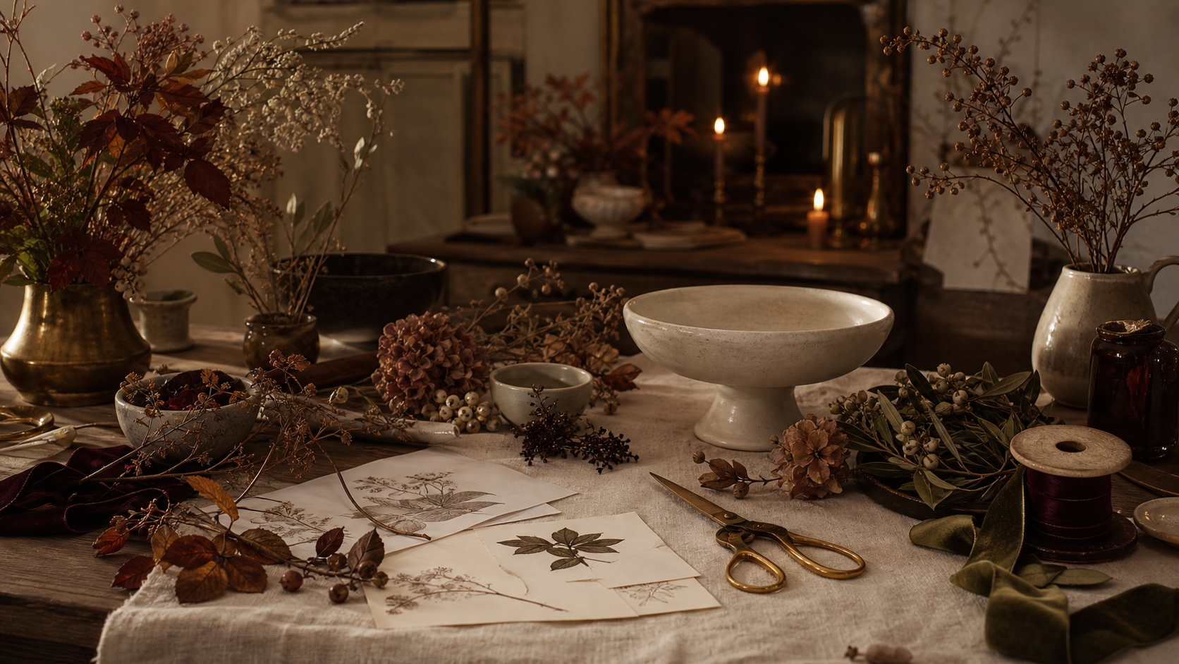 Tavolo atelier con materiali autunnali, ceramiche e nastri